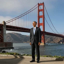 A photograph of Obama standing in front of the Golden Gate Bridge, Photo Credit: AP