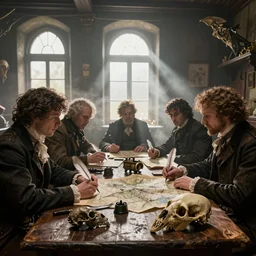 figures plotting at a table in a victorian tavern, ink and quill, knife, taxidermy, map, parchment, monster skulls, volumetric fog, raytracing, back light, raymarching, by ilm, by digital domain, by weta digital