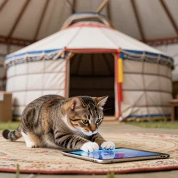 photo of an american indian yurt of a cat playing ipad