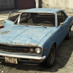 A screenshot of a rusty, worn out, broken down, decrepit, run down, dingy, faded, chipped paint, tattered, beater 1976 Denim Blue Dodge Aspen in GTA V