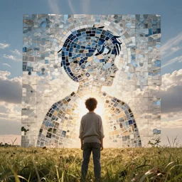 a boy in a field with a sky background, a mosaic, a jigsaw puzzle of digital screens by jeffrey smith and hundertwasser, behance contest winner, generative art, neoplasticism, circuitry, fractalism, greeble, behance hd