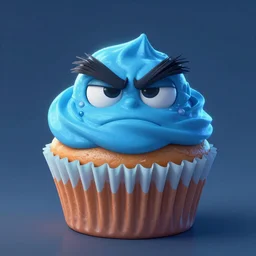 A humanoid tasty looking cupcake with bushy eyebrows and grumpy face, blue light, extra detailed, digital illustration, by MARGARET ANN EDEN, digital painting, Matte painting, trending on artstation and unreal engine