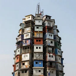 a tower made up of makeshift squatter shacks, dystopia, sony a 7 r 3, f 1 1, fully frontal view, photographed by zaha hadid, ultra detailed,