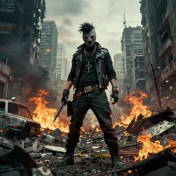 post apocalyptic city, revolutionary punk masked up punk, fire, damaged, trash, full shot, by liam wong
