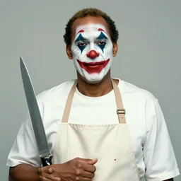 portrait of bill cosby in clown makeup with a knife wearing a butchers apron, raytracing, beautiful lighting. octane, artstation