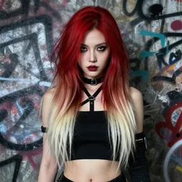 highly detailed portrait of a biopunk lady, black take top, red hair by joe fenton and by kaethe butcher, gradient red, brown, blonde cream and white color scheme, grunge aesthetic!!! ( ( graffiti tag wall background ) )