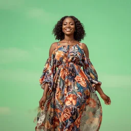 a black woman in a flowy flowery dress standing in front of a gorgeous green sky, smiling, 50mm