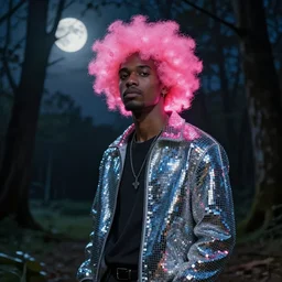 man with pink glowing afro wearing disco jacket, standing in atmospheric spring forest at night, high contrast photoshop digital painting, realistic shading, beautiful moon lighting, best of artstation 4 k