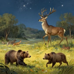 primordial nature beasts running stars giant deer wilderness animals fields woodlands bears llustration sharp focus sunlit vista starlight painted ruan jia raymond swanland lawrence alma tadema zdzislaw beksinski norman rockwell tom lovell alex malveda greg staples