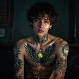 a beautiful young man has glowing tattoos. beautiful. dark room