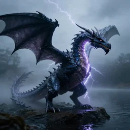 dragon made of lightning, lake background, gerald brom, hyper detailed, 8 k, fantasy, dark, grim, foggy