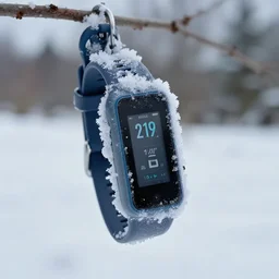 fitbit covered in ice, hanging out of the snow