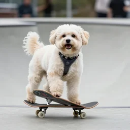 “a cream colored havanese dog doing tricks at a skate park, street photography”
