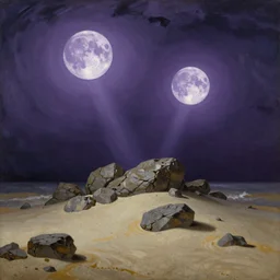 a romantic painting of two purple moons shining above a barren sandy island made of rocks in a storm, in the style of delacroix