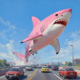 an oil painting of a giant pink shark falling out of a blue sky onto cars on a busy bridge, artstation, cinematic lighting