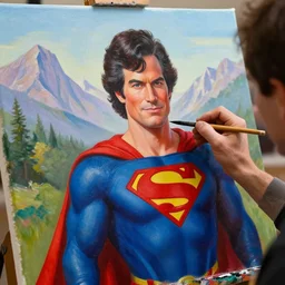a closeup photorealistic photograph of bob ross working on a canvas painting of superman. film still. brightly lit scene. mountains and trees. this 4 k hd image is trending on artstation, featured on behance, well - rendered, extra crisp, features intricate detail, epic composition and the style of unreal engine.
