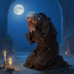 oil painting portrait of a weeping sobbing tonsured dominican monk in a brown habit, kneeling in a blue cold moonlit empty small chapel at night, hazy, digital art, artstation, cinematic, moonlight, digital art painting by greg rutkowski, hazy atmosphere, candles, cinematic blue lighting