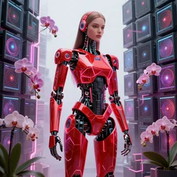 beautiful tall female robot printed with red and black 3 d geometrical neon + guarding a wall of computers!!!!!!!!!! + flowering vaporwave orchids transcendent, clean linework, dramatic, finely detailed, 4 k, trending on artstation, photorealistic, award winning, volumetric lighting, octane render