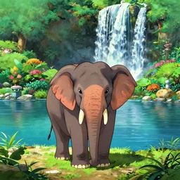 elephant in front of a lake with gardens and waterfall vibrant highlights sharp contrast trending pixiv fanbox by victo ngai james gurney makoto shinkai takashi takeuchi studio ghibli