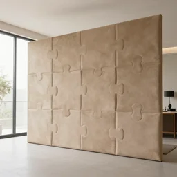 suede plush interlocking puzzle panels interior living room, ceiling to floor windows, soft color, plush furniture, modern, minimalism, morning light, dramatic, obsidian, unreal render, award winning photograph