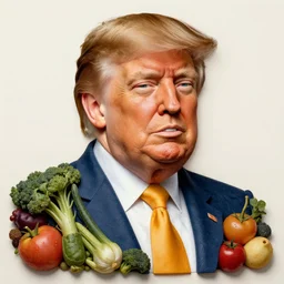 donald trump portrait made by composition of fruit and vegetables by giuseppe arcimboldo. mouth is a carrot, nose is a white radish, eyes are duck eggs, hair of salad