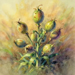 a beautiful painting of snapdragon seed pods, by studio ghibli 8 k pastel colours, isometric, six point perspective, drone shot, smeared watercolours, golden light, film grain