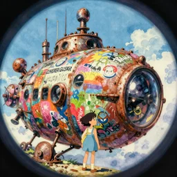 memorable animation key shot, fisheye lens, girl exploring the rusty robot submarine schwerer gustav!!!! covered in bold grafitti, paint drip, colorful murals, studio ghibli, pixar, disney concept art watercolor illustration by craig mullins, dean cornwell, nc wyeth, satoshi kon!