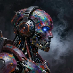 a dark and colorful close - up side profile portrait of a sci - fi mecha robot with headphones, led lights glowing fog in the background. highly detailed science fiction painting by norman rockwell, frank frazetta, and syd mead. rich colors, high contrast, gloomy atmosphere, dark background. trending on artstation