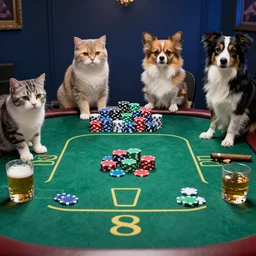 4 cats and dogs at a poker table playing poker, many colorful chips in the middle of the table, cigars, beer, whiskey, realistic