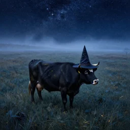 a detailed matte landscape painting of a starry cow standing in a grassy field wearing a witch hat, cow wearing hat!!! viewed in profile and far away, fog in the background, ultrawide lens, aerial photography, black and blue color scheme with gold highlights, art by greg rutkowski and alphonse mucha, artstation, 8 k
