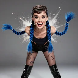portrait attractive girl with face audrey hepburn, hair blue two long braids, insane laughting, evil eyes, particles explosion, high boots, short bridges with leggins and top, elegant intricate matte sharp focus 8 k, fantasy digital art, league of legends, art by greg rutkowsky ilya kuvshinov