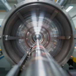 view into a particle accelerator, extreme perspective, forshortening, special effects zoom