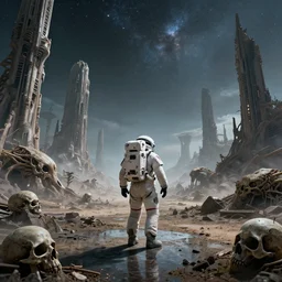 photograph of an astronaut exploring an abandoned alien planet with alien skeletal ruins, alien architecture, alien skulls, fallen kingdom city ruins, science fiction space suit, cinematic, hypermaximalist, detailed, 4k, 8k, breathtaking stars, surrealism, distant, concept art, digital art, sharp focus, reflections, RTX, octane render, acid pixie, Trending on DeviantArt