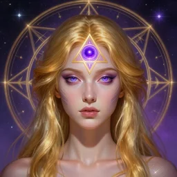 photorealistic gallent goddess with glowing purple third eye chakra and golden hair, geometric third eye triangle, sci - fi face, sacred geometry mandal background, breathtaking stars, elegant, highly detailed, digital painting, artstation, concept art, smooth, sharp focus, spiritual art, art by artgerm and greg rutkowski and alphonse mucha, psychedelic