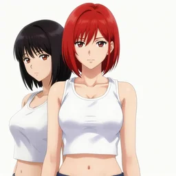 !! fullbody yoshitaka amano and ayami kojima gorgeous girl symmetrical face, short red hair, crop top, shorts, dynamic action pose, hyper detailed, character concept, intricate, elegant, digital painting, artstation, smooth, sharp focus