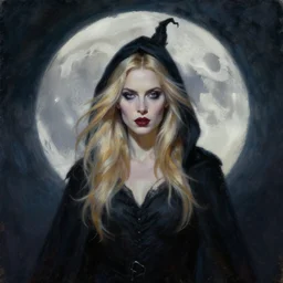 portrait of beautiful blonde woman as a Dark evil witch, big moon in the background, oil painting by Jeffrey Smith