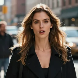 a close up on a surprised beautiful model woman walking in nyc street, photo by bruce gilden, action photography, street photography