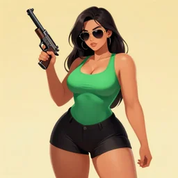 beautiful curvy anime girl with athletic feminine body, gun in her hand, confident pose, long hair, green tank top, black shorts, aviator classic sunglasses, anatomically correct, tanned body, art by dustin nguyen akihiko yoshida greg tocchini, empty background, elegant, vibrant colors, morandi color scheme, octane render, commission art