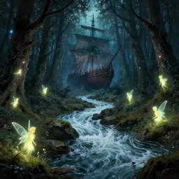 a dark fantasy forest of arthurian legend, bright fairies glowing incandescently, a roaring river rushing through the center, the threat of cosmic evil, a massive shipwreck in the heart of the forest, painted ruan jia raymond swanland lawrence alma tadema zdzislaw beksinski norman rockwell tom lovell alex malveda greg staples