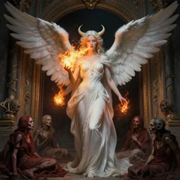 a beautiful face angelic woman standing at the entrance gate of hell and spitting fire balls, lost souls in front of her, fantasy art, art by greg rutkowski and artgerm, amazing detail, hd, illustration, epic, intricate, elegant, artstation, concept art, smooth, sharp focus, cinematic