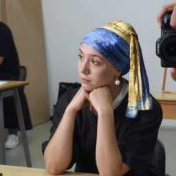 casual photograph of a woman sitting in a studio room pensively, with the poise and appearance of the ( ( ( ( ( ( ( ( girl with a pearl earring ) ) ) ) ) ) ) ), taken in 2 0 1 9 with a digital camera, full color, head shot