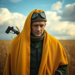 crying!!!!!! modern ukrainian soldier!!, covered in yellow wheat and blue clouds, disarming, enchanting, fragile, hopeful, cloudcore, portrait, by kim keever