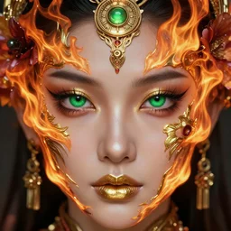 extremely close up portrait of eyes of a beautiful oriental cyborg warrior woman, green eyes, gold lips, entwined in flowers and fire, crown of fire, highly detailed, volumetric lighting, intricate time machine, decadent, highly detailed, octane render, concept art, smooth, sharp focus, hyper - realistic