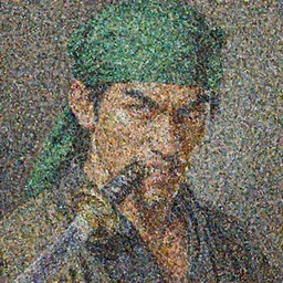 An oil painting of a handsome Asian man in a green turban looking wickedly at the viewer with the hilt of a Japanese samurai sword in his teeth.