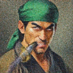 An oil painting of a handsome Asian man in a green turban looking wickedly at the viewer with the hilt of a Japanese samurai sword in his teeth.