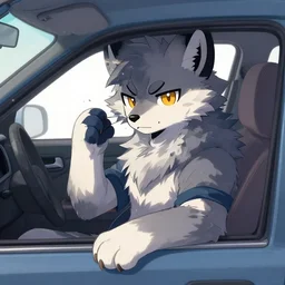 a cool wolf fursona, noise, in a car