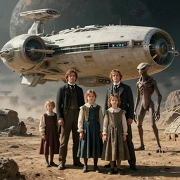 highly detailed, 512777216k film still from a sci fi blockbuster color movie made in 2019, set in 1860, of a family standing in front of a spaceship that has just landed on an alien planet, a humanoid alien creature stands nearby, the family are all wearing 1860s era clothes, in focus, good lighting, good photography, ultra high definition