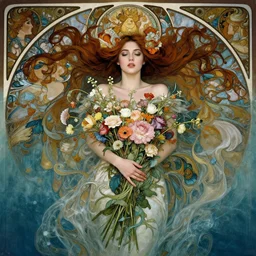 portrait of a beautiful mysterious woman holding a bouquet of flowing flowers, hands hidden under the bouquet, lying half submerged in a pool of water, fantasy, regal, intricate, by stanley artgerm lau, greg rutkowski, thomas kindkade, alphonse mucha, loish, norman rockwell