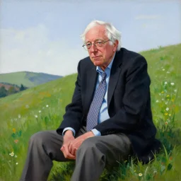 a coherent award - winning beautiful!!! portrait of a calm bernie sanders!, sitting on a beautiful pleasant hill, painted by zdzislaw beksinski