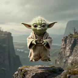a wide angle photo of master Yoda meditating and floating over a cliff